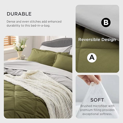 Bedsure Olive Green Twin Comforter Set - 5 Pieces Reversible Twin Bed in a Bag, Extra Long Twin Bed Set with Comforters, Sheets, Pillowcase & Sham, Twin Bedding Sets for College