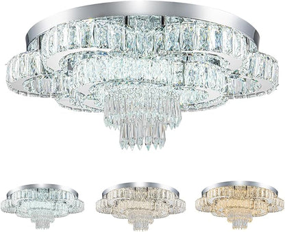 21 Inch Crystal Chandeliers with Remote Control LED Chandelier Modern Mount Flush Mount Chandelier Ceiling Light Fixtures for Bedroom Living Room Dining Room(Dimmable)