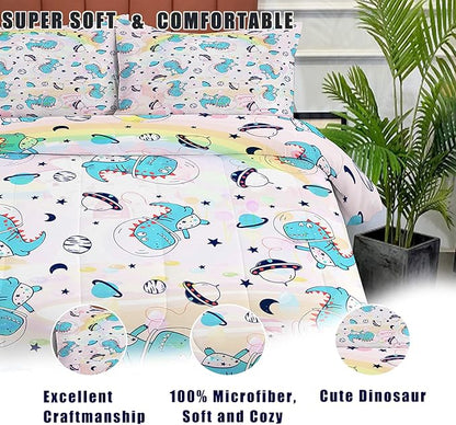 NINENINE Pink Dinosaur Bedding Set Colorful Rainbow Castle UFO Space Theme Comforter Set,Full Size Kids Bedding Sets for Boys Girls, Little Dinosaur Comforter Set with 1 Comforter 2 Pillowcases