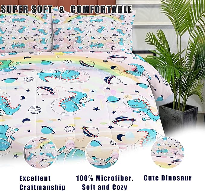 NINENINE Pink Dinosaur Comforter Set Colorful Rainbow Castle UFO Space Theme Bedding, Twin Comforter Sets for Boys Girls Kawaii Bedding Set with 1 Comforter 1 Pillowcase