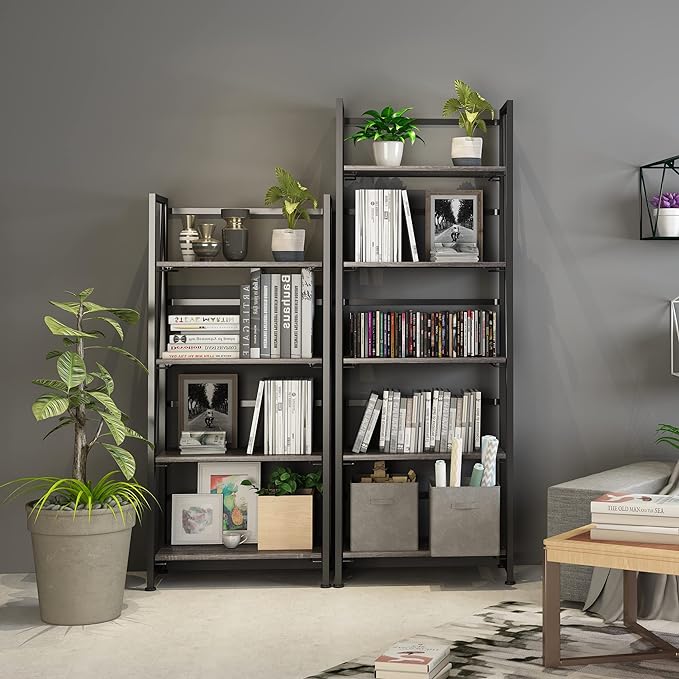 4NM No-Assembly Folding Bookshelf Storage Shelves 4 Tiers Vintage Bookcase Standing Racks Study Organizer Home Office (Gray and Black)