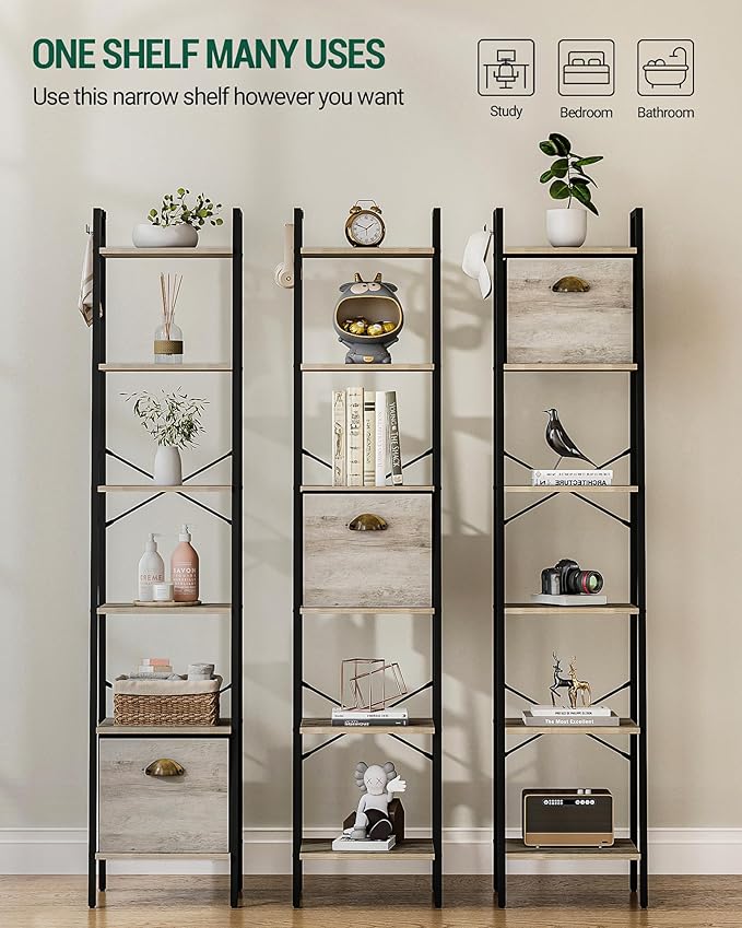 Narrow Bookshelf Bookcase with Drawer, Ladder Shelf with 2 Hooks, Bookshelves Storage Organizer, Freestanding Display Standing for Home Office, Bedroom, 6 Tier Greige BC19605B