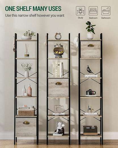 Narrow Bookshelf Bookcase with Drawer, Ladder Shelf with 2 Hooks, Bookshelves Storage Organizer, Freestanding Display Standing for Home Office, Bedroom, 6 Tier Greige BC19605B