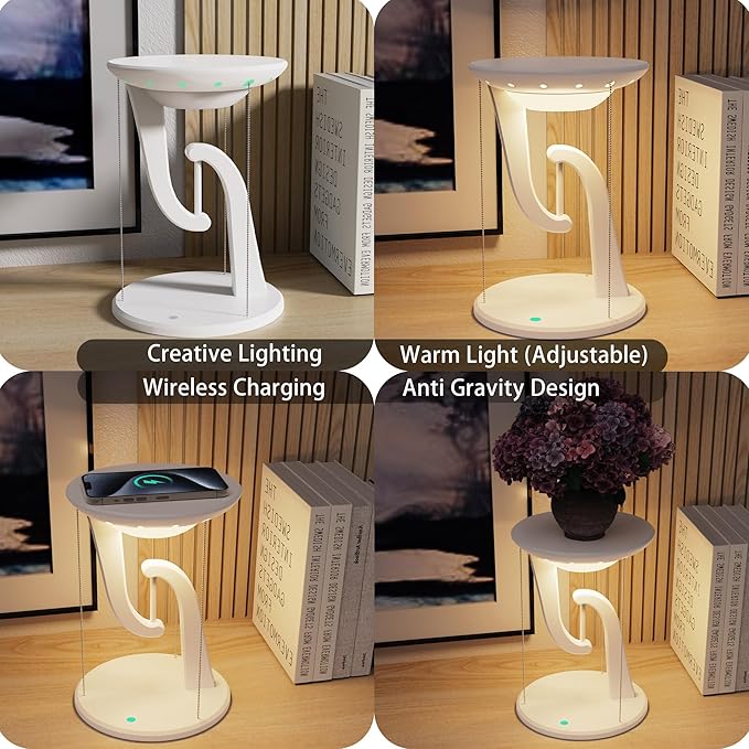 Night Light Wireless Charger Lamp,Ambient Light,LED Desk Lamp with Wireless Charger,Balance Magnetic Suspension Desk Light Creative Fun Bedside Lamp,Anti-Gravity Bedroom Table Lamp 3-Level Brightness