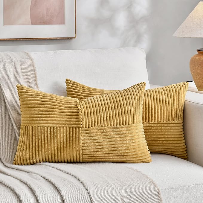 Fancy Homi 2 Packs Mustard Yellow Lumbar Decorative Throw Pillow Covers 12x20 Inch for Living Room Couch Bed, Rustic Farmhouse Boho Home Decor, Soft Striped Corduroy Rectangle Accent Cushion Case