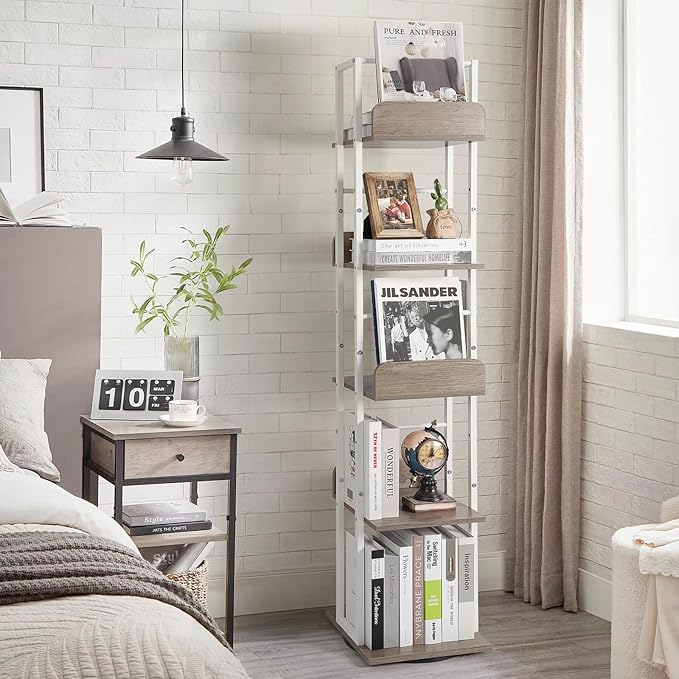 Bikoney Bookshelves 5-Tier, Rotating Bookshelf Tower for Corner, Small Bookcase, Tall Industrial Bookshelf, Narrow Bookshelf, Wood and Metal White