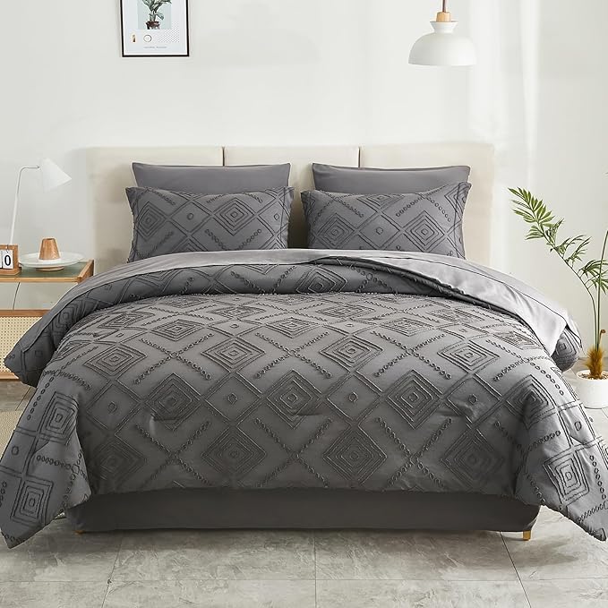 EMME Twin Comforter Set - 5 Pcs Dark Grey Boho Bedding Sets, Twin Size Tufted Comforter with Sheets, Shabby Chic Embroidery Bed Set Fluffy Bed Bag for All Season(68"X90")