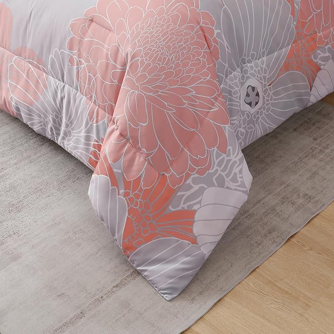Yiran Blush Grey Floral Bed in a Bag Comforter 7 Pieces Soft Microfiber Comforter Set Bedding Set King Size 103"×90"(1 Comforter,2 Pillowcases,2 Pillow Shams,1 Flat Sheet,1 Fitted Sheet)