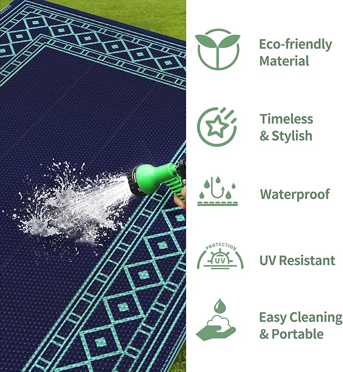 GENIMO Outdoor Rug Waterproof 6'x9' for Patio, Foldable Reversible Plastic Straw Carpet, Outside Area Mat for Patios, Rv, Deck, Picnic, Porch, Camper, Balcony, Beach, Navy Blue & Jade Green