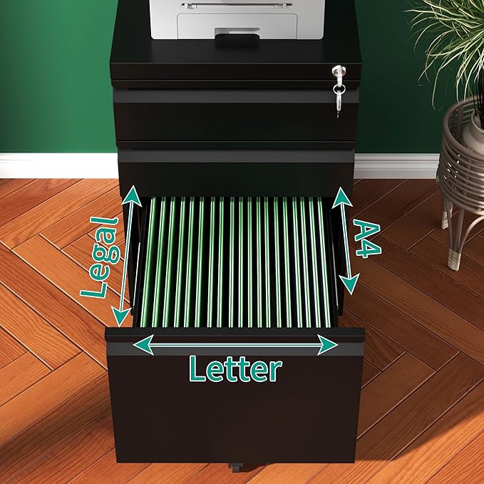 3 Drawer Mobile File Cabinet with Lock, Under Desk Metal Filing Cabinet, Fully Assembled Rolling File Cabinet with Wheels for Home Office Letters/Legal/A4 (Black)