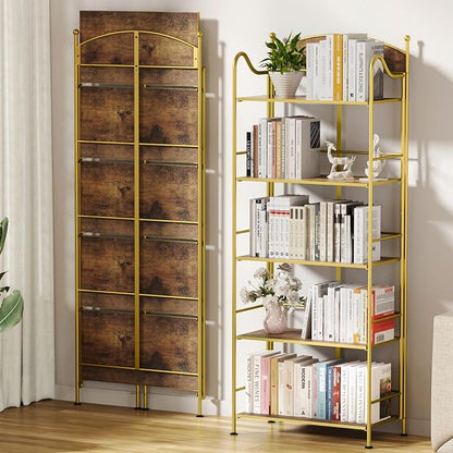 Folding Bookshelf No Assembly, 5 Shelf Gold Folding Bookcase, Industrial Tall Metal Collapsible Corner Book Shelf with Storage Shelves for Bedroom, Living Room, Home Office Organization
