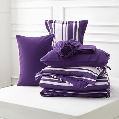 Bedsure Bed in a Bag Twin Size 5-Piece Purple White Striped Bedding Comforter Sets All Season Bed Set with 1 Pillow Sham, Flat Sheet, Fitted Sheet and 1 Pillowcase