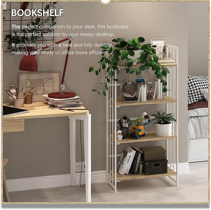 4NM No-Assembly 4 Tiers Folding Bookshelf Storage Shelves Vintage Bookcase Standing Racks Study Organizer Home Office - Natural and White