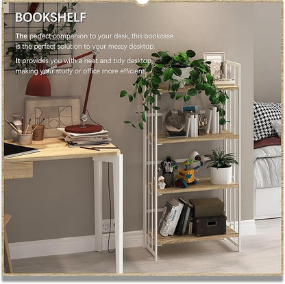 4NM No-Assembly 4 Tiers Folding Bookshelf Storage Shelves Vintage Bookcase Standing Racks Study Organizer Home Office - Natural and White
