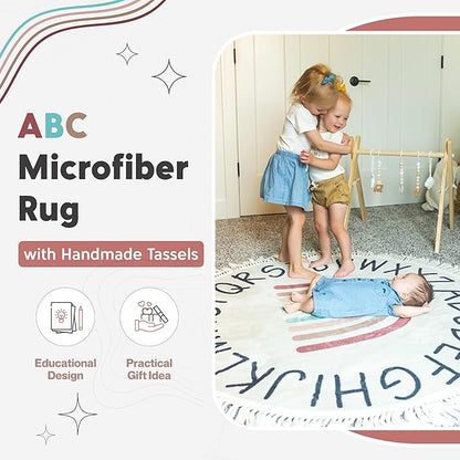 Round ABC Rug for Kids Playroom - 4ft Lovely Boho Rainbow Rug, Ultra Soft & Non Slip - Alphabet Circle Area Carpet for Nursery Toddler Baby Room - Colorful Cute Decor Mat for Girl & Boy, 47 inch