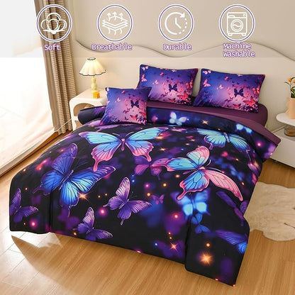 DORCAS Butterfly Comforter Sets for Girls,Twin Size Butterfly Bedding Sets Girls,6 Pieces Girls Bedding Sets Twin with Comforter Sheets for Teens Kids