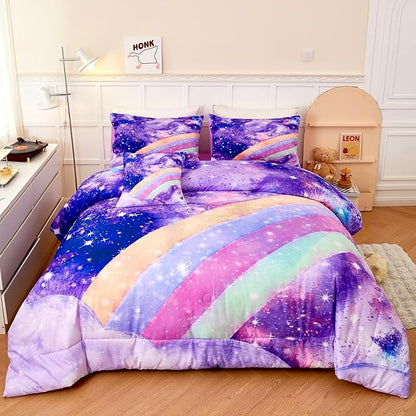 Rainbow Full Size Bedding Sets for Girls, Glitter Tie Dye Purple Kids Comforter Sets, 6Pcs Soft Sparkle Galaxy Bed in A Bag with Sheets for Teens