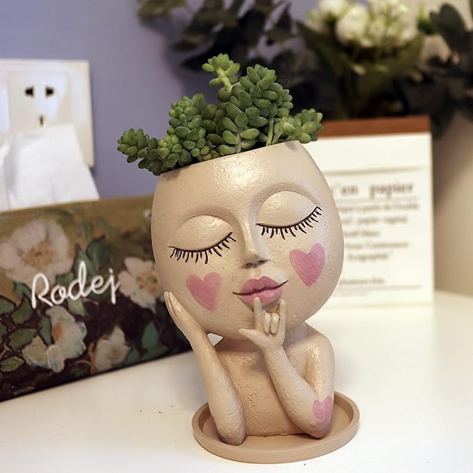 Face Flower Pots Head Planter, Cute Resin Planters for Indoor Outdoor Plants, Macetas para Plantas Unique Head Plant Pot