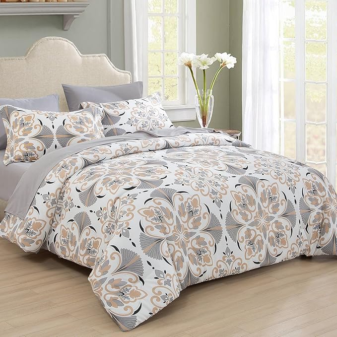 EMME Queen Comforter Set - Grey White Floral Bedding Set 7 PCS with Geometric Flowers Pattern, Soft Plant Printed Botanical Bed Set with Sheets, Fluffy Bed Bag for All Season(90"X90")