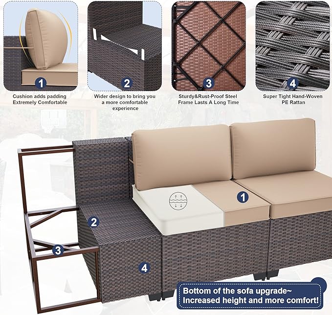 Patio Furniture Set 9PCS Outdoor Furniture for Backyard Wicker Sectional Sofa Set, Rattan Patio Conversation Set with Thickened Cushions and Glass Coffee Table, Sand