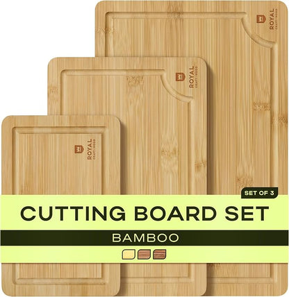 ROYAL CRAFT WOOD Wooden Cutting Boards for Kitchen Meal Prep & Serving - Bamboo Wood Serving Board Set with Deep Juice Groove Side Handles - Charcuterie & Chopping Butcher Block for Meat