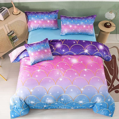 PERFEMET 6Pcs Mermaid Scale Comforter Sets Twin Size, 3D Pink Glitter Bed in A Bag for Teens Girls, Colorful Rainbow Bedding Comforter with Sheets Set, Ultra Soft Sparkly Galaxy Quilted Duvet