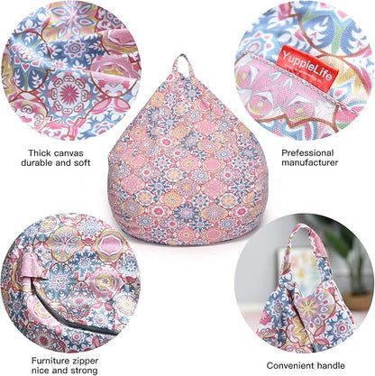 YuppieLife Kids Storage Bean Bag Cover（No Filling） Toy Organizer|Carrying Handle Sofa|Available for Kids and Teenager|Cuddle Chair|Machine Washable and Durable（38“,Pink flowers）