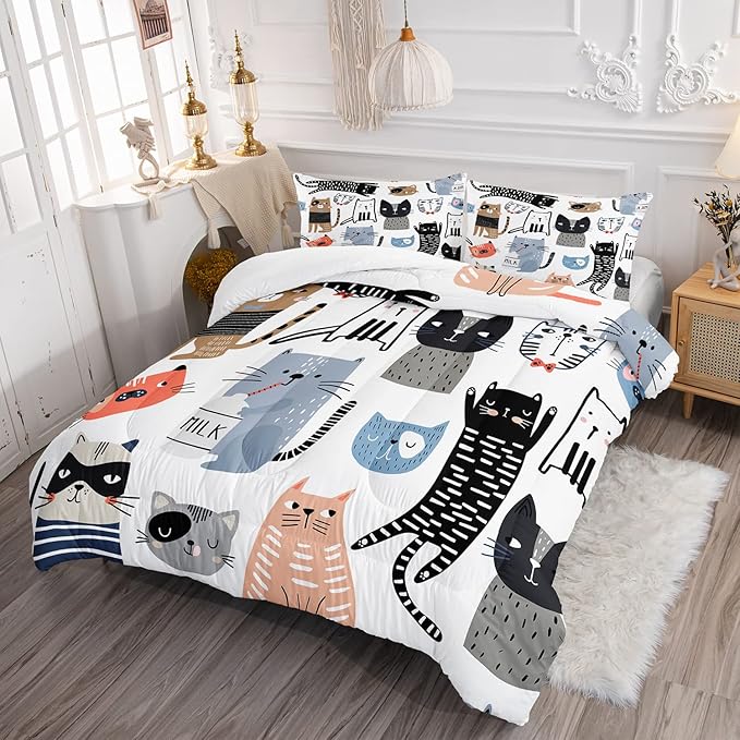 CVHOUSE Cat Bedding,Cartoon Cat Comforter Twin,Animals Print Comforter Set for Kids,Kawaii Quilt Set with 1 Comforter and 2 Pillow Cases