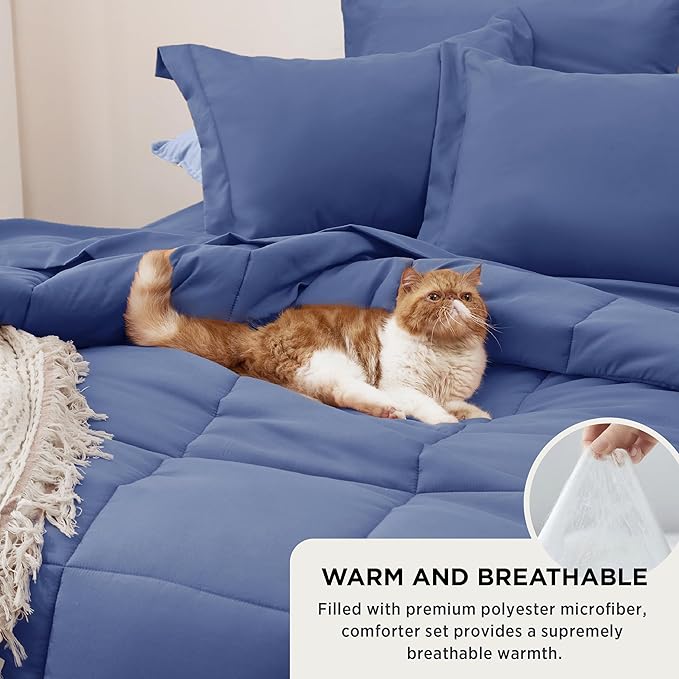 Bedsure Infinity Blue King Size Comforter Set - 7 Pieces Solid King Bed in a Bag, King Bed Set Infinity Blue with Comforters, Sheets, Pillowcases & Shams
