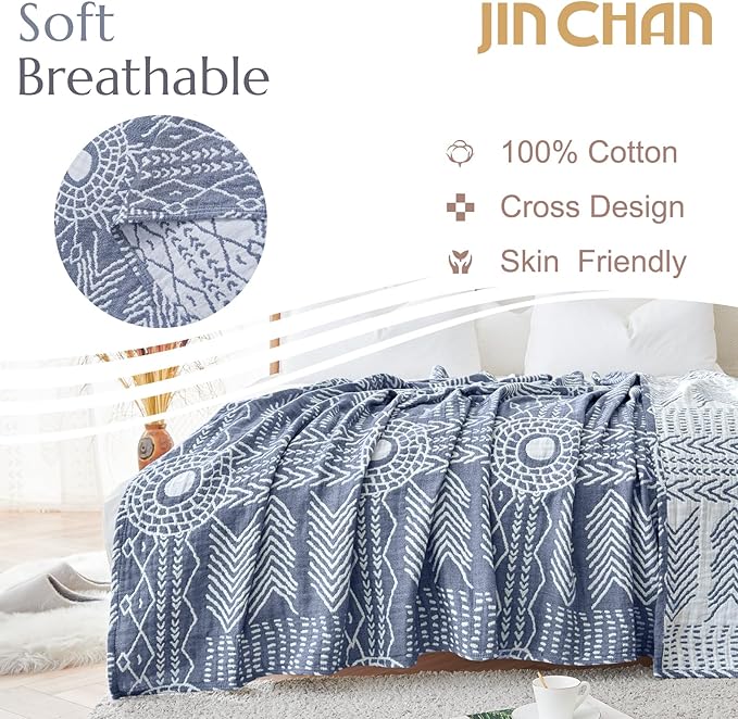 jinchan Boho 100% Cotton Muslin Blanket 3-Layer Queen Size 80x90 Inches Geometric Blue Lightweight Reversible Soft Cozy Comfy Throw for Couch Sofa Bed Coverlet Quilt Large Blanket Bedroom All Seasons