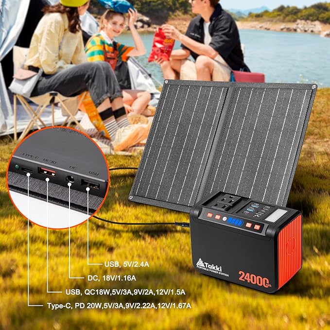 Takki 120W Peak Solar Generator Portable Power Station with 21W Panels, 88Wh Solar Charger Power Bank AC DC USB Ports for Camping Tent Laptop Outdoor Emergency