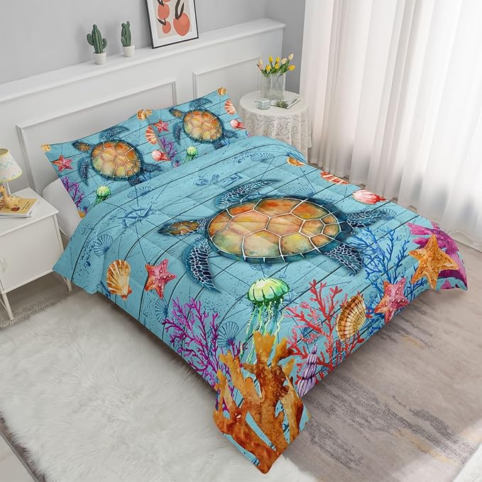 Datura home Sea Turtle Bedding Comforter Set Sea Turtle Ocean Beach Printed Pattern Bedding Set with 1 Comforter and 2 Pillowcases for Boys Bedroom All Season(Sea Turtle Queen), Queen 90x90inches