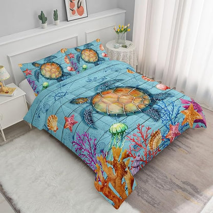 Datura home Sea Turtle Bedding Comforter Set Sea Turtle Ocean Beach Printed Pattern Bedding Set with 1 Comforter and 2 Pillowcases for Boys Bedroom All Season(Sea Turtle Queen), Queen 90x90inches