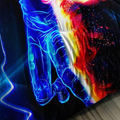 Axolotl Football Comforter Twin,Cool Blue Football Bedding Sports Theme Comforter Set for Boys,3D Rugby Sports Bedding Set Football Player On Fire for Boys Kids Teens,1 Quilt 2 Pillowcases,Black Blue