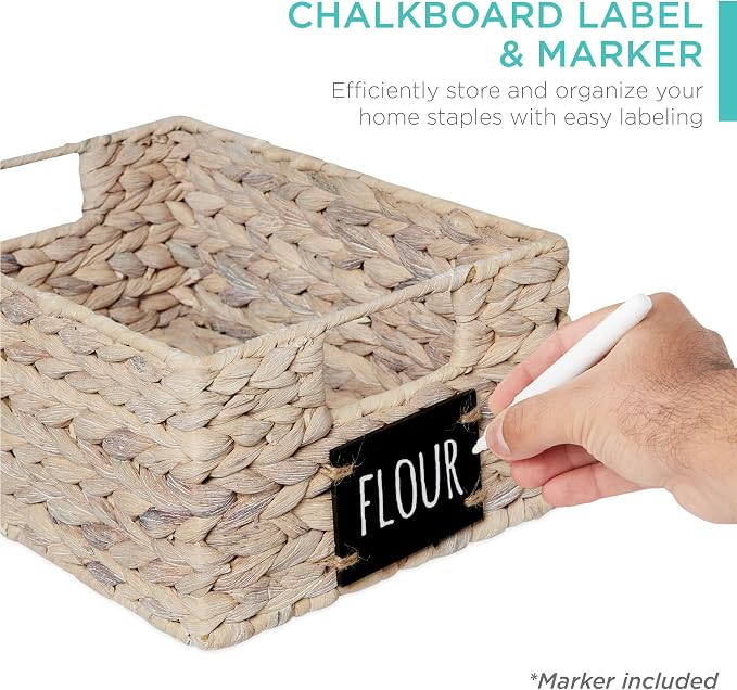 Best Choice Products Set of 4 9x12in Water Hyacinth Pantry Baskets, Woven Organizers w/Chalkboard Label, Chalk Marker - White