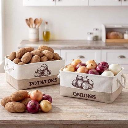 Marsui 2 Pcs Potato and Onion Storage Baskets with Handles, Foldable Kitchen Vegetable Storage Bins, Rustic Countertop Pantry Organizer for Potatoes, Onions, Fruit, Vegetables