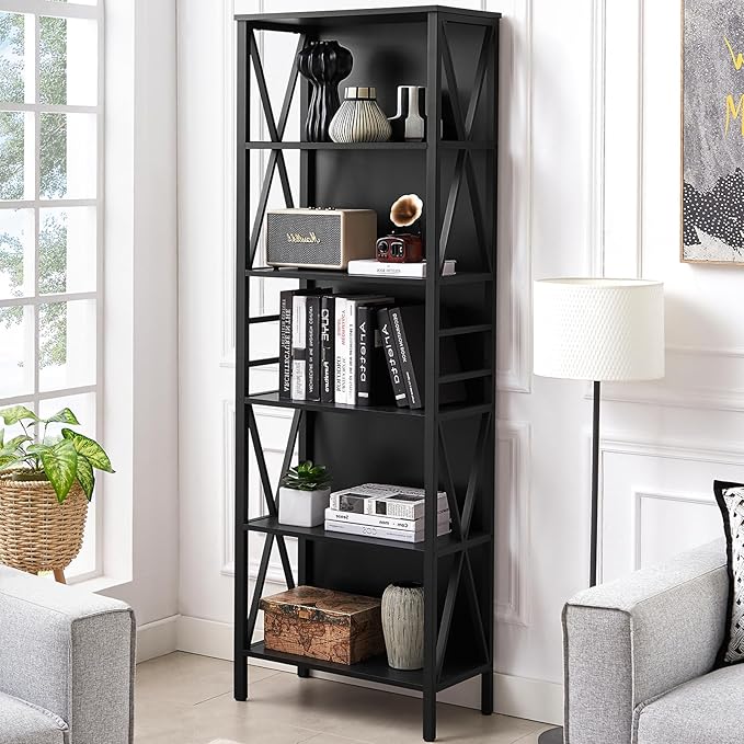 HOMISSUE Bookshelf, 6-Tier Bookshelf, Rustic Wood Metal Bookshelves and Bookcases, Freestanding Open Bookshelf, Industrial Tall Bookcase for Home Office, Living Room and Bedroom, Black