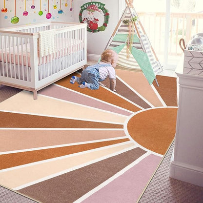 Topotdor Sun Rainbow Area Rug 4 x 6ft Boho Kids Nursery Rug, Colorful Washable Area Rug Ultra Soft Circle Classroom Rug Non-Slip for Bedroom Living Room Playroom Decor, Orange