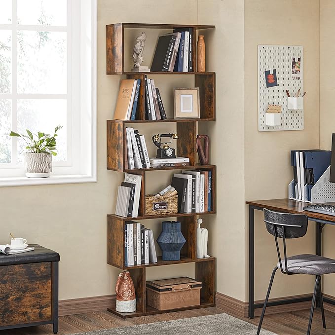 VASAGLE Bookshelf, 6-Tier Bookcase, Tall Display Shelf, Freestanding Storage Shelf, Room Divider, for Home Office, Living Room, Bedroom, Study, Rustic Brown ULBC61BX