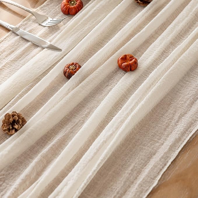 3pcs Ivory Gauze Rustic Cheesecloth Table Runner 120 Inch 10 FT for Wedding Baby Shower Bridal Shower Birthday Engagement Garden Outdoor Party Long Sheer Boho Decorations