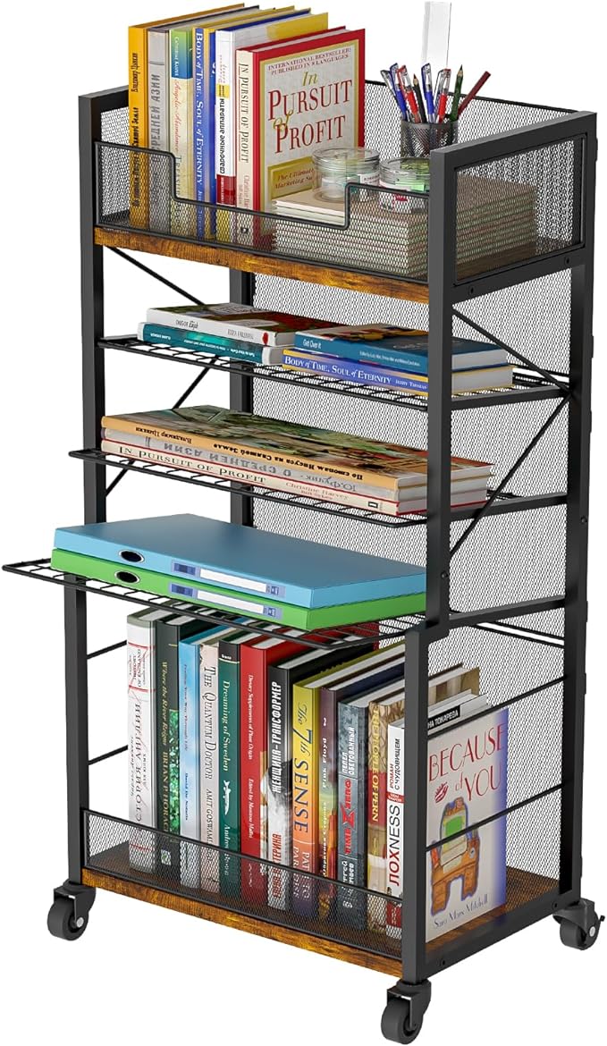 Heyexiha 5 Tier Book Shelf with Sliding Trays, Metal & Wooden Bookcase, Durable Rolling Book Cart, Book Shelf with Wheels, Small Book Shelf Storage Bookcase for Living Room, Bedroom, and Home Office