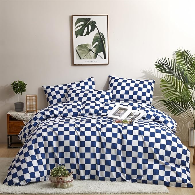 Wellboo Blue and White Comforter Sets Twin Women Men Diamond Royal Blue Checkerboard Grid Bedding Comforters Cotton Modern Jewelry Blue Checkered Geometric Quilts Luxury Sapphire Buffalo Plaid Bed