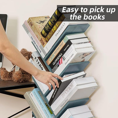 8 Tier Tree Bookshelf with Drawer, Free Standing Wood Bookcase for Narrow Space, Storage Organizer Bookshelves for Books, Book Case for Home Office, Living Room, Bedroom, Navy Blue