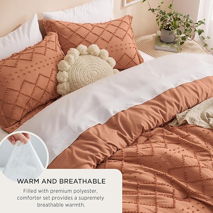 Bedsure King Size Comforter Set - Pumpkin Comforter, Boho Tufted Shabby Chic Bedding Comforter Set, 3 Pieces Vintage Farmhouse Bed Set for All Seasons, Fluffy Soft Bedding Set with 2 Pillow Shams