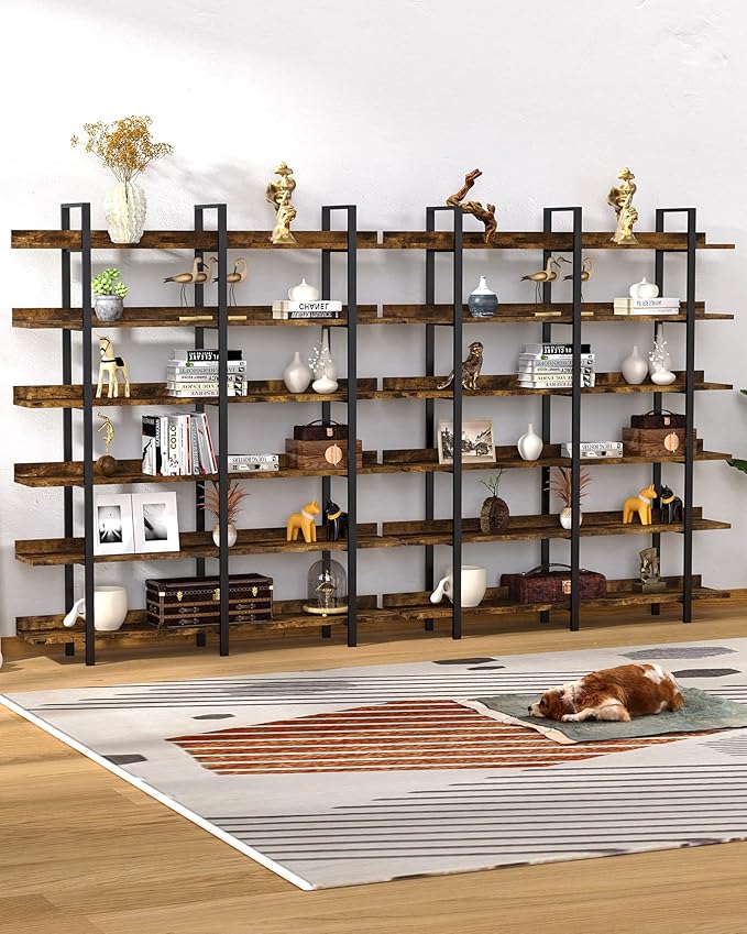 Bookshelf, 82.7" Double Wide 6 Tier Industrial Wooden Bookcase Large Wall Etagere Rustic Vintage Tall Book Shelf with Metal Frame Open Storage Rack for Living Room Home Office