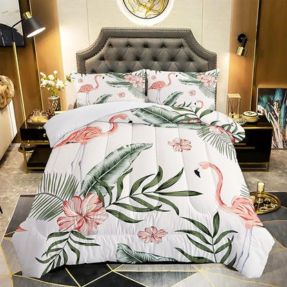 Flamingo Comforter Set Full Size Tropical Flamingo Palm Tree Leaf Pattern Bedding Set Flower Quilted Duvet for Kids Girls Boys Adult with 1 Comforter and 2 Pillowcases
