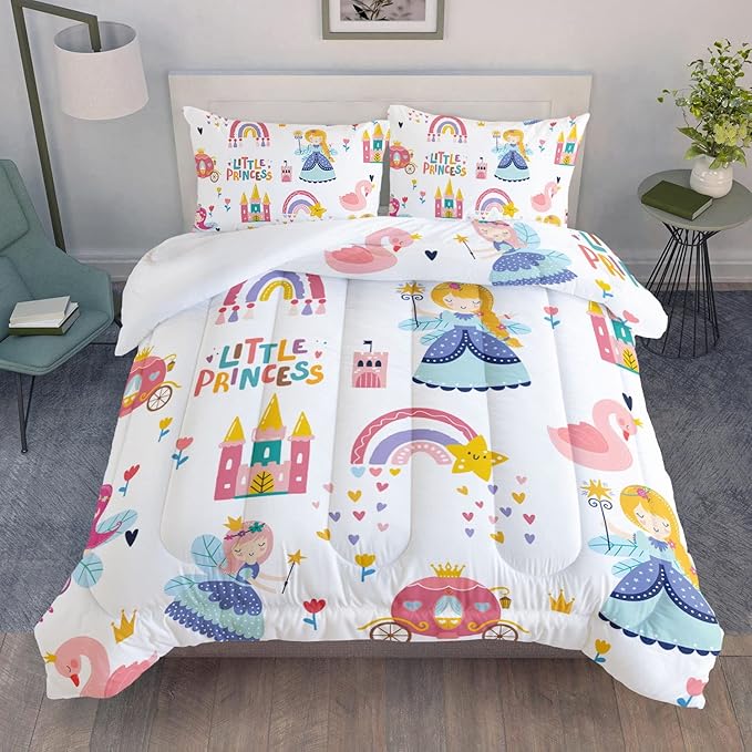 Datura home Girls Bedding Comforter Set Little Princess and Rainbow Castle Printed Pattern Quilt Bedding Set with 1 Comforter and 2 Pillowcases for Girls Bedroom All Season(Princess Full)80x90in