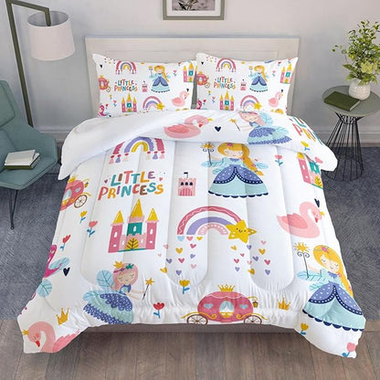 Datura home Girls Bedding Comforter Set Little Princess and Rainbow Castle Printed Pattern Quilt Bedding Set with 1 Comforter and 2 Pillowcases for Girls Bedroom All Season(Princess Full)80x90in