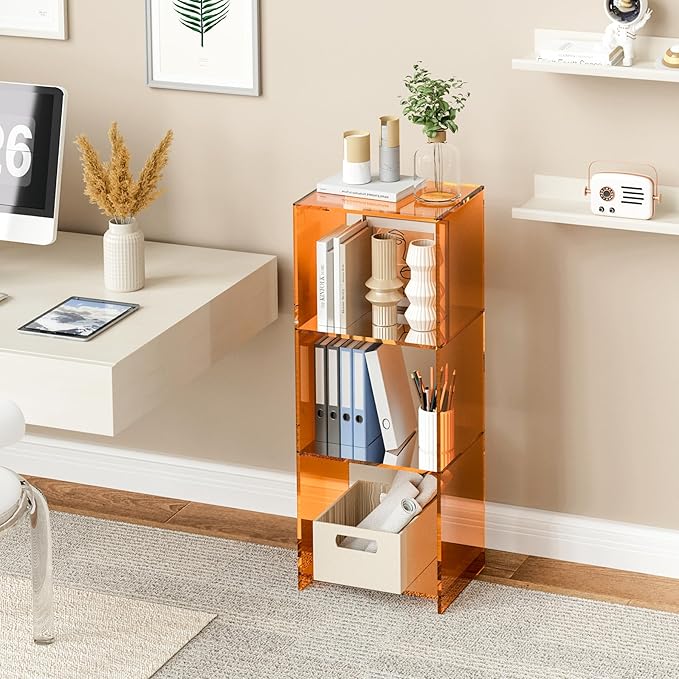 Acrylic Bookcase, 3 Tier Clear Floor Standing Bookshelf, 31.5 inch Tall Display Cube Storage Shelf Home Decor Furniture for Home, Office, Living Room, Bedroom - Transparent Orange