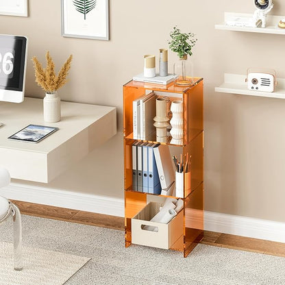 Acrylic Bookcase, 3 Tier Clear Floor Standing Bookshelf, 31.5 inch Tall Display Cube Storage Shelf Home Decor Furniture for Home, Office, Living Room, Bedroom - Transparent Orange
